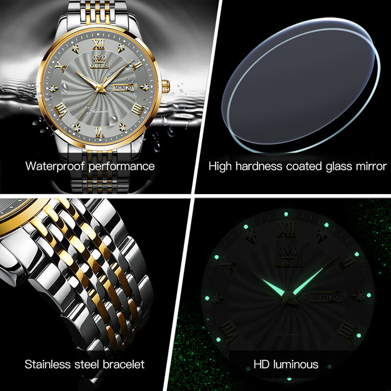 OELVS 브랜드 럭셔리 자동 기계식 커플 시계, 스테인레스 스틸 방수 시계, 남성 커플 선물, 6630