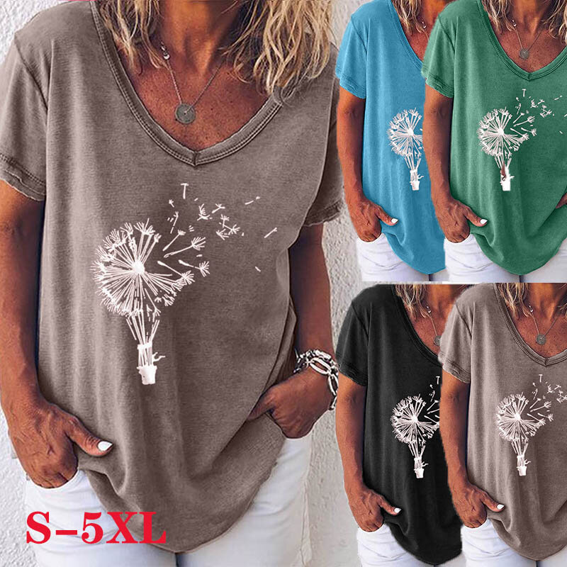Camiseta feminina estampada para o verão, camiseta solta e fina de cor sólida
