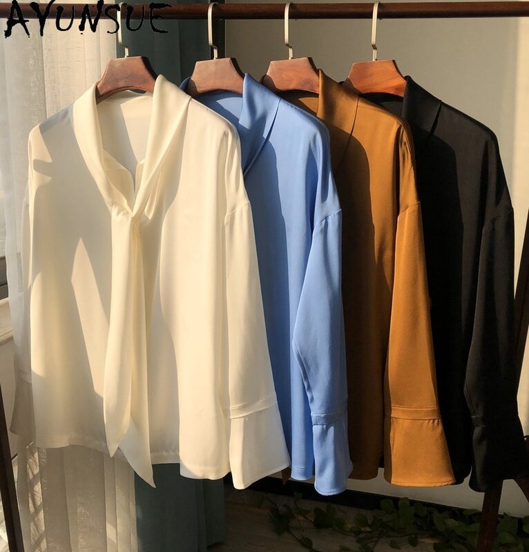 Ayune-Camisa blanca de seda para Mujer, Blusa de manga larga de estilo coreano, Tops y blusas para primavera y otoño, 2021