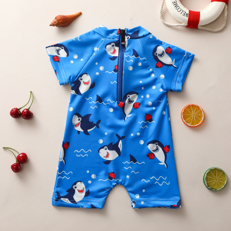 Pudcoco-bañadores de verano para bebé, traje de baño de una pieza con estampado de animales de dibujos animados, manga corta con cremallera, ropa de playa Azul de 0 a 3 años