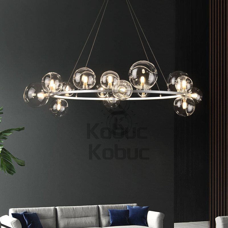 Kobuc الحديثة واضح/أبيض الزجاج فقاعة قلادة LED أضواء الذهب/الكروم/أسود غرفة المعيشة غرفة نوم حلقة مستديرة أضواء الثريا