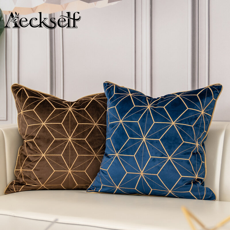 ARovself-Juste de coussin en velours brodé à carreaux géométriques, taie d'oreiller de luxe, décoration d'intérieur, bleu marine, or, gris, noir, blanc