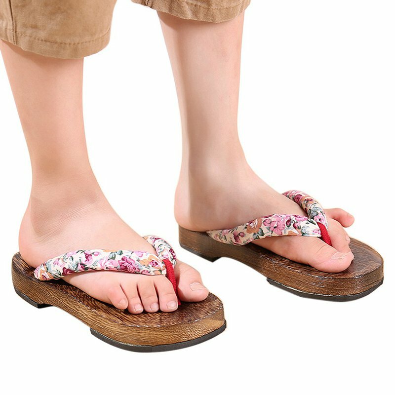 Sandálias para cosplay infantil, chinelos rasteiros para crianças de madeira estilo kimono