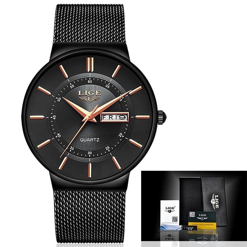 Męskie zegarki LIGE Top marka luksusowe wodoodporne Ultra cienkie data zegar mężczyzna stalowy pasek zegarek kwarcowy na co dzień mężczyźni sport Wrist Watch