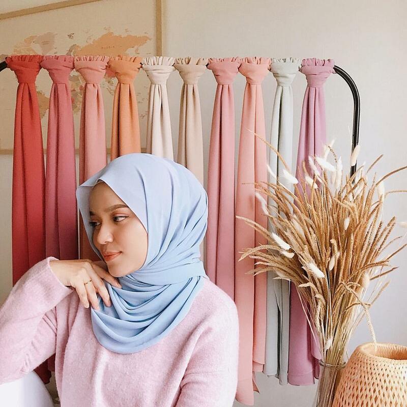 Jilbab Wanita Hijab Muslim Malaysia Syal Mutiara Sifon Polos Warna Solid Arab Jilbab Sederhana Jilbab Selendang Panjang Persegi Panjang