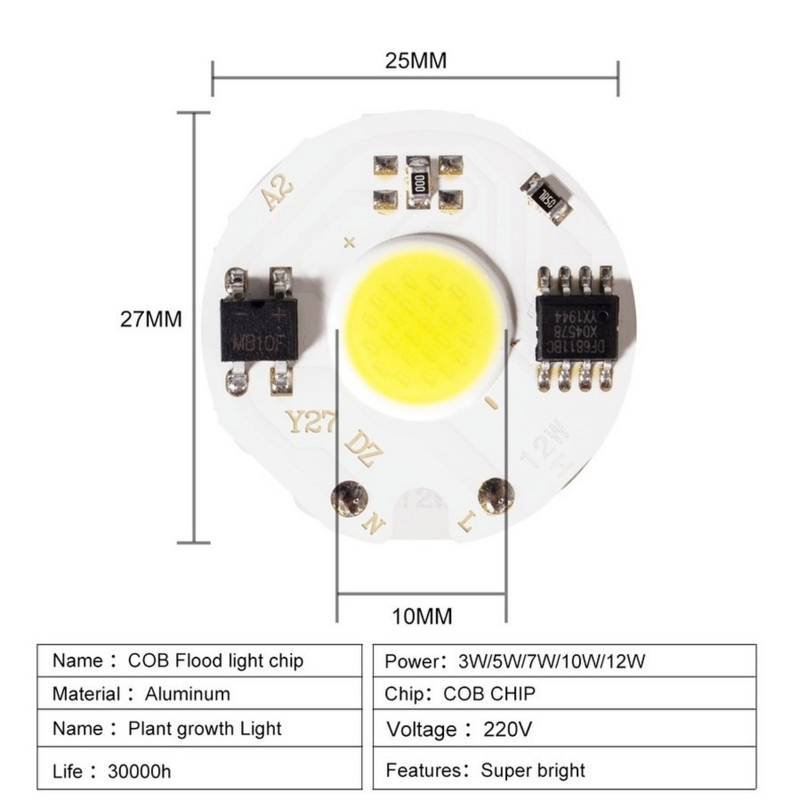 VnnZzo-LED luz fria matriz, COB Chip lâmpada, frio, projector ao ar livre, frio, matriz de diodo, 12W, 10W, 7W, 5W, 3W, 220V, 27 milímetros