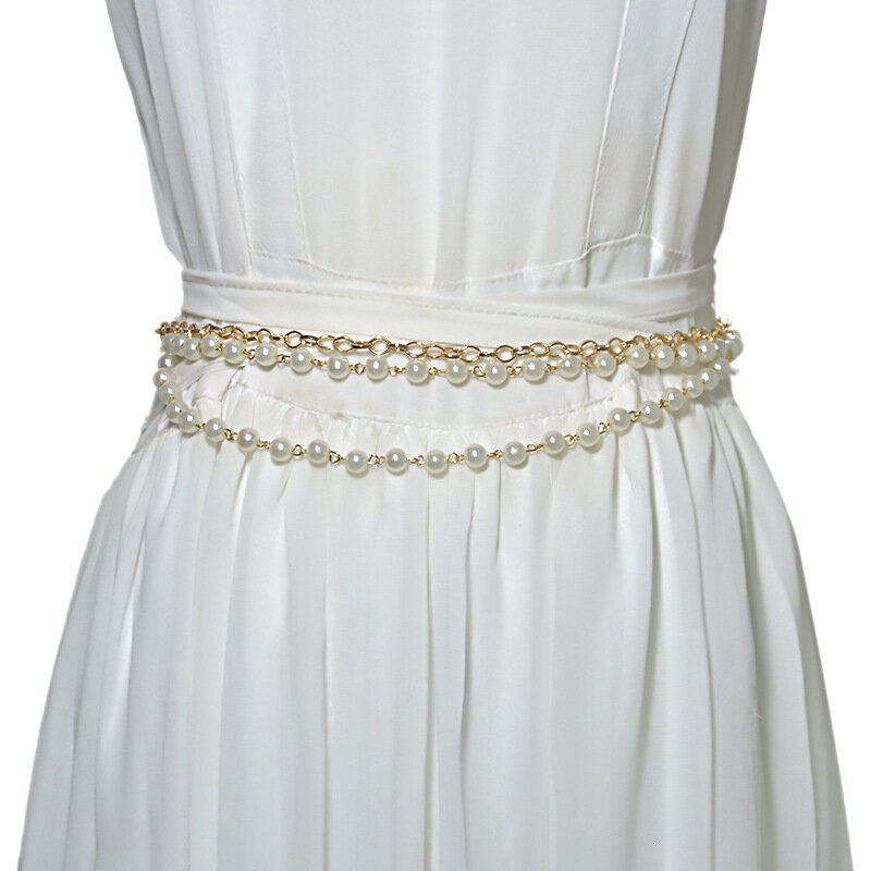 Cinturones elegantes de perlas de imitación para mujer, cinturones de cadena de aleación, cadena de perlas de imitación blancas, accesorios de ropa para mujer