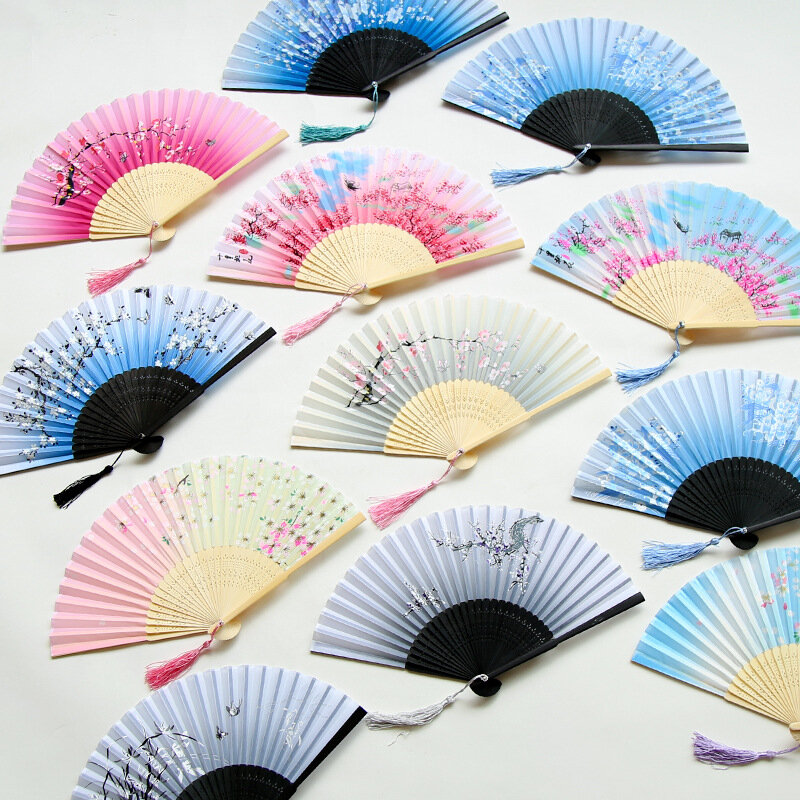 Vintage Style Silk Folding Fan Chinese Japanese Pattern Art Craft Gift Home Decoration Ornaments Dance Hand Decorative Fans