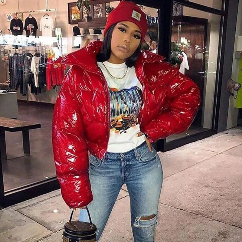 Women Winter Warm Puffer Jackets Fashion Parkas Stand Collar Zipper Front Cropped Coat Long Sleeve Lightweight Bubble Outerwear