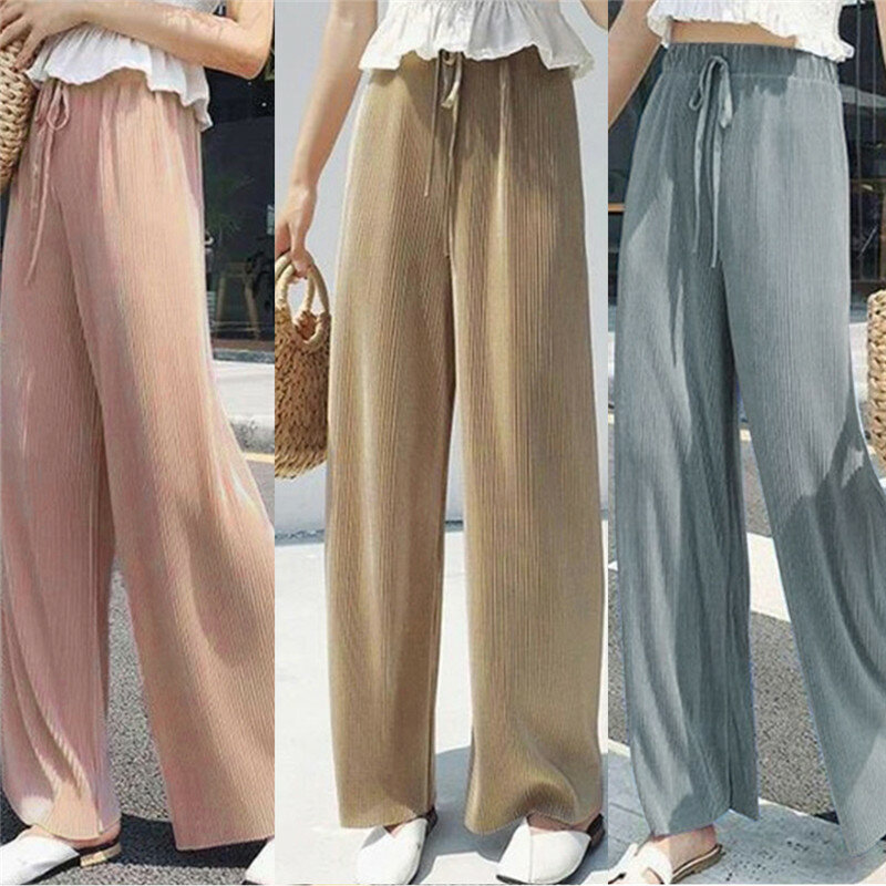 Summer Wide Leg Pants For Women Casual Elastic High Waist New Fashion Loose Long Pants Pleated Pant Trousers Femme 2023