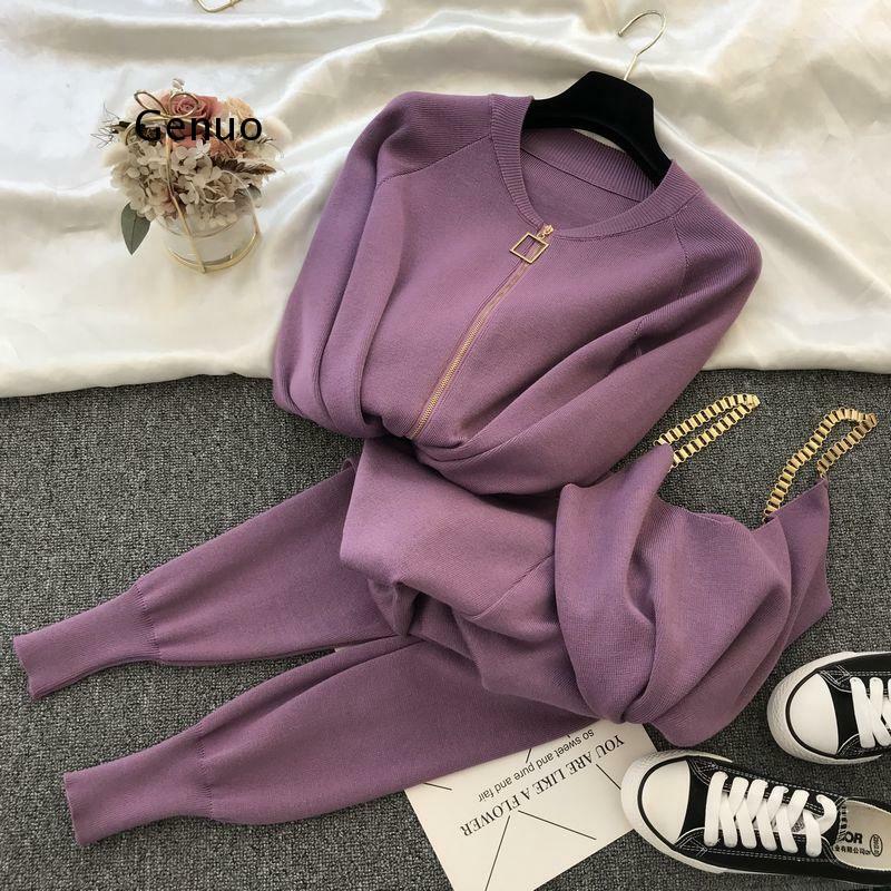 New 3Pcs Knitting Suit Long-Sleeved Zip Jacket Cardigans Tank Top Pants Women Fashion Solid Lounge Set Casual Tracksuits
