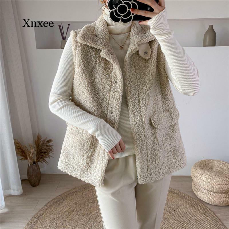 Chaleco de lana de cordero para mujer, chaquetas gruesas, cálidas, con cuello vuelto, bolsillos con botones ocultos, abrigo sin mangas