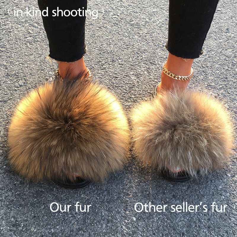 ขนาดใหญ่พิเศษรองเท้าแตะจริงสุนัขจิ้งจอก Raccoon Fur สไลด์ Sandal Jepit Teplek Beach Designer รองเท้าแตะน่ารัก Plush ผม Furry รองเท้าผู้หญิง