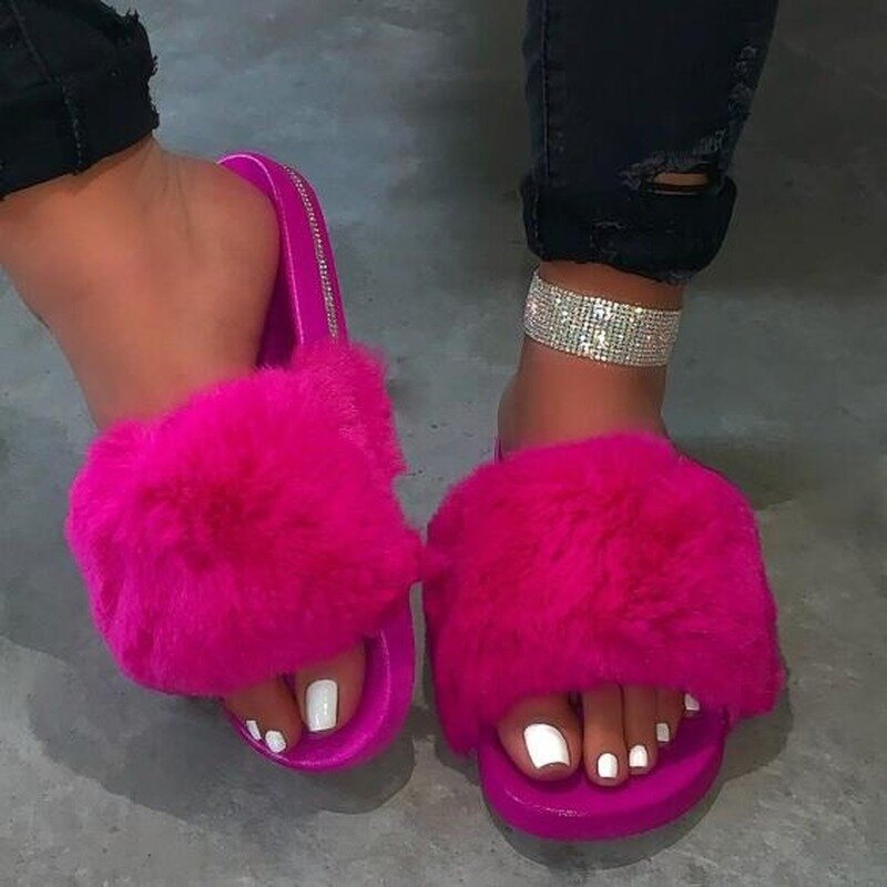 Laamei mujeres de primavera interior Furry zapatillas Casual con zapatillas con cristales al aire libre salvaje no-slip Color