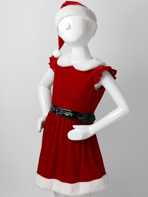 Robe de noël pour bébé fille, tenue de fête, Cosplay, taille haute, avec chapeau et ceinture, en velours, manches volantes