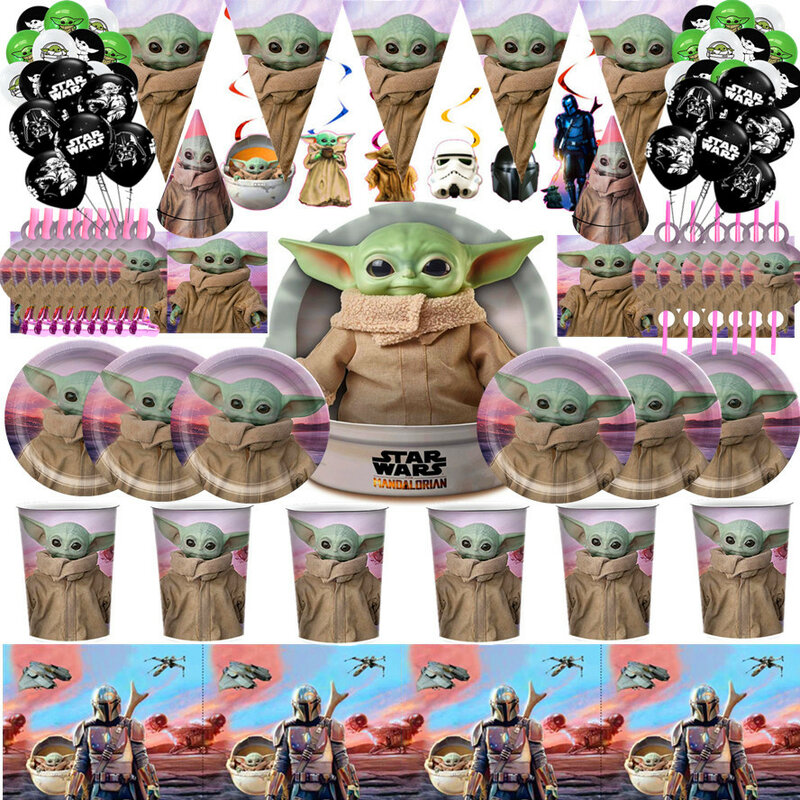 Mandalorian Party Supplies Paper Flag Napkin Tablecloth Cup Plate Balloon Yoda Baby Theme Baby Shower Birthday Party Decoration