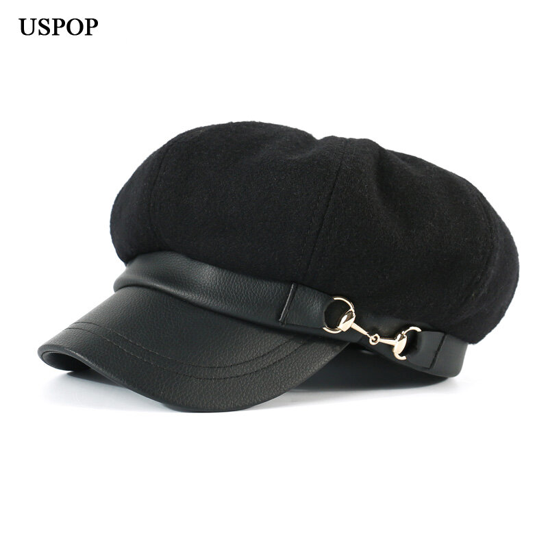 USPOP 2020 nowe czapki zimowe damskie ośmiokątny kapelusz Vintage wełniane czapki patchworkowa skórzana rondo gazeciarz czapki ciepłe czapka militarna Visor M L