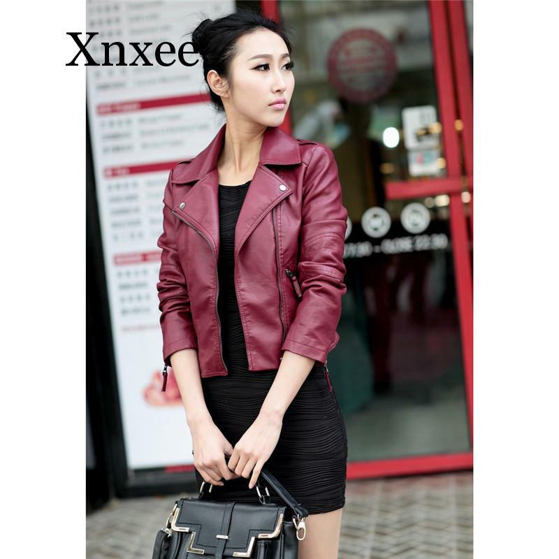 Abrigo corto de piel sintética para mujer, chaqueta de PU ajustada negra, roja, con bolsillos y cremallera, estilo coreano, color burdeos, otoño