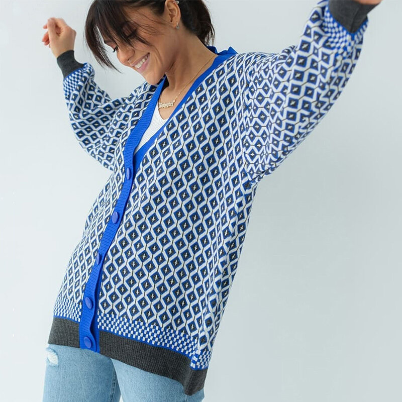 Ardm-cárdigans de diseño de telas combinadas de punto para mujer, suéter con patrón de diamante, contraste de Color, cárdigan de punto informal, ropa de invierno
