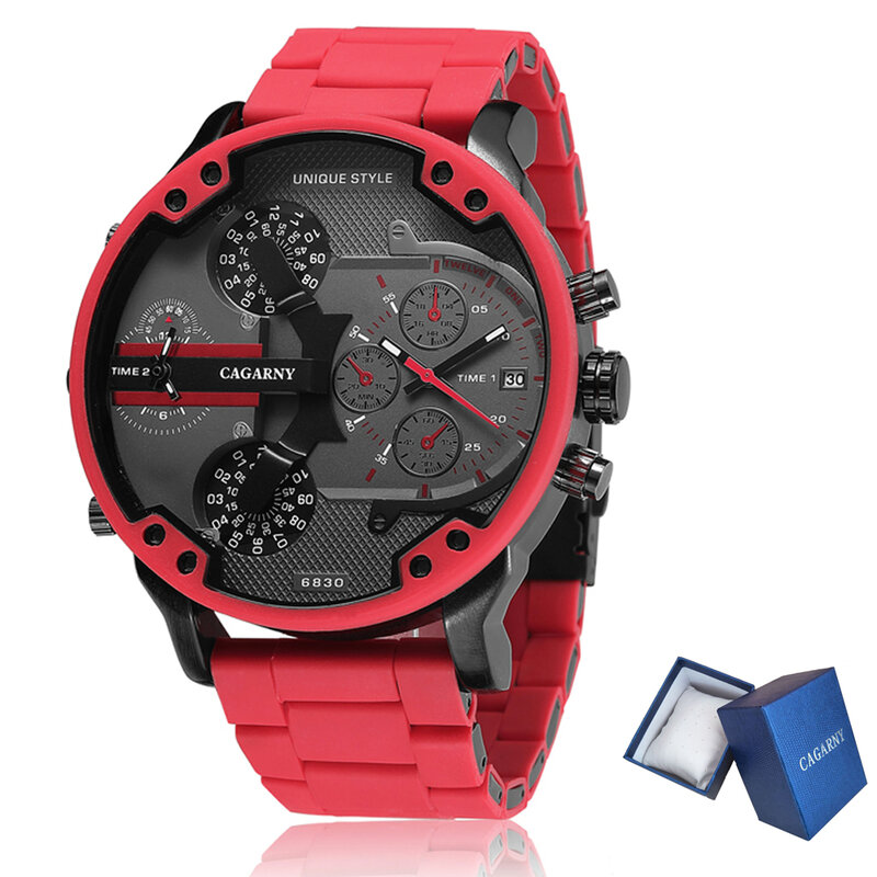 Cagarny-Relógio de quartzo casual masculino, pulseira de aço silicone, mostrador grande, vermelho, militar, luxo, 3D, 57mm