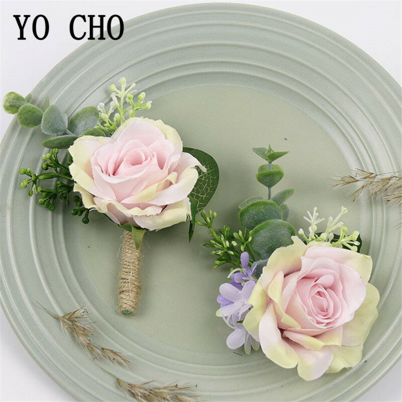 YO CHO ผ้าไหม Corsage ดอกไม้เข็มกลัด Pins เจ้าบ่าว Boutonniere เจ้าสาวสร้อยข้อมือ Corsage ข้อมือ Rose ดอกไม้สีขาว