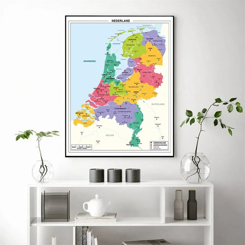 Póster de tamaño pequeño del mapa de los Países Bajos en holandés, lienzo de pintura, arte de pared, decoración del hogar, suministros escolares, regalo de viaje, 42x59cm