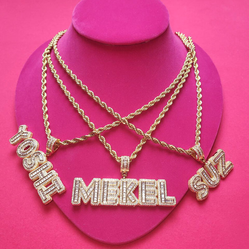 Grandbling Customized Letters Pendant Iced Out Zircon Letters Nekclace with Rope Chain Choker for Women Hiphop Necklace for Man
