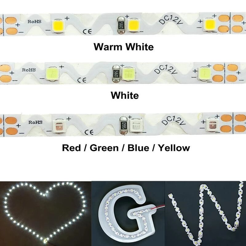 S Shape LED Strip Light Tape 2835 Fleksibel LED Light Strip Lamp Warm White Light 60LED/M 5M Bending Channel Letter 6MM