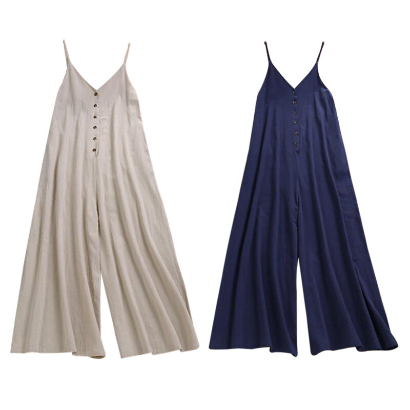 O Summer Cotton Loose Buttons Solid Color Sleeveless Jumpsuit Women (multiple Keywords, Please Use Commas To Separate