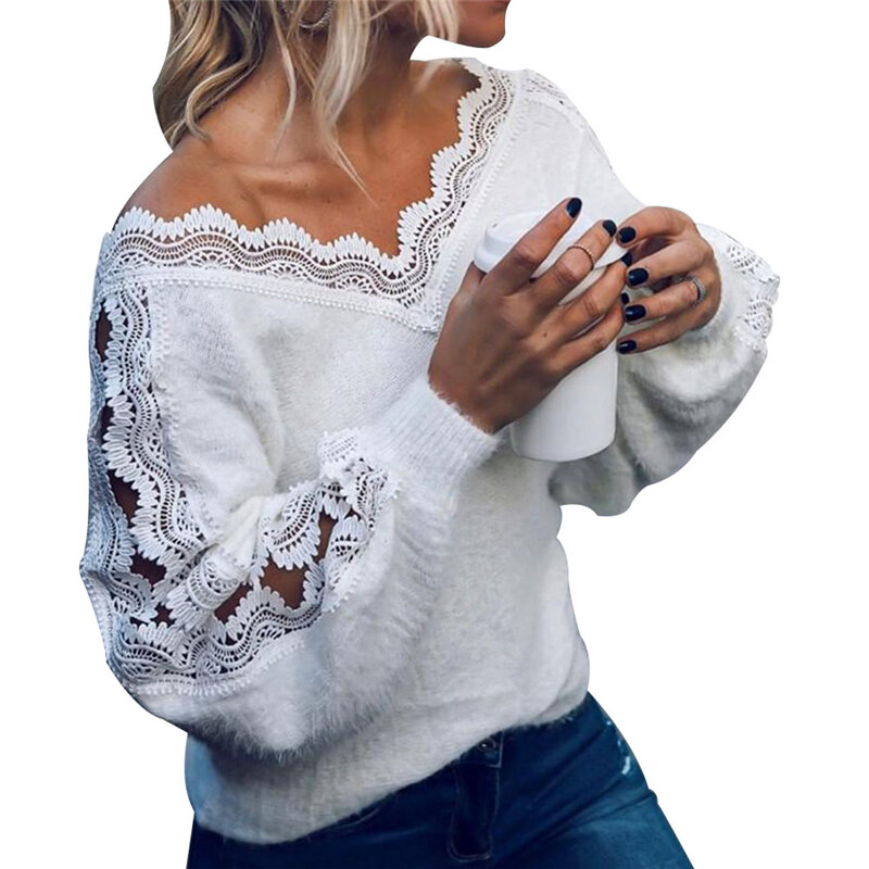 Sexy V Neck Lace Hollow Knit Sweater Autumn Winter Long Sleeve Pullover Tops Elegant Women White Jumper Pull Femme Free Shipping