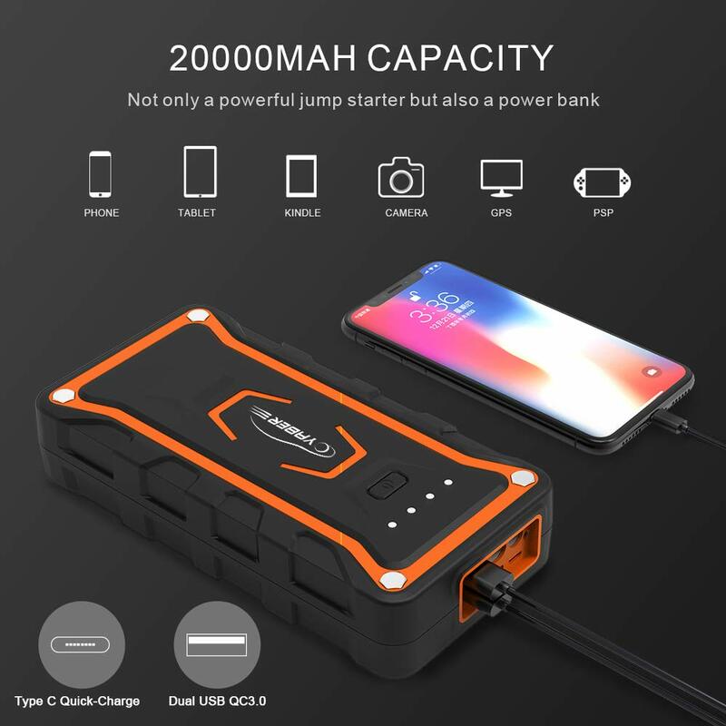 Arrancador de batería de coche de alta calidad 1600A pico 20000mAh banco de energía del coche Booster portátil Jumpstarter con salida Dual QC3.0 USB