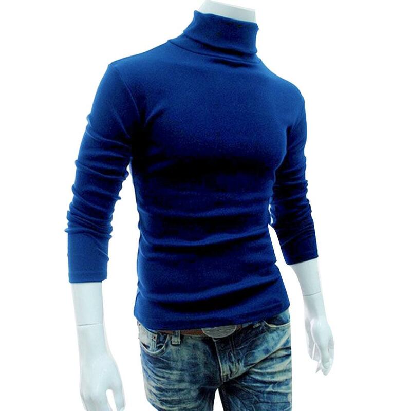 Мужской осенне-зимний однотонный хлопковый пуловер с высоким воротом, тонкая рубашка