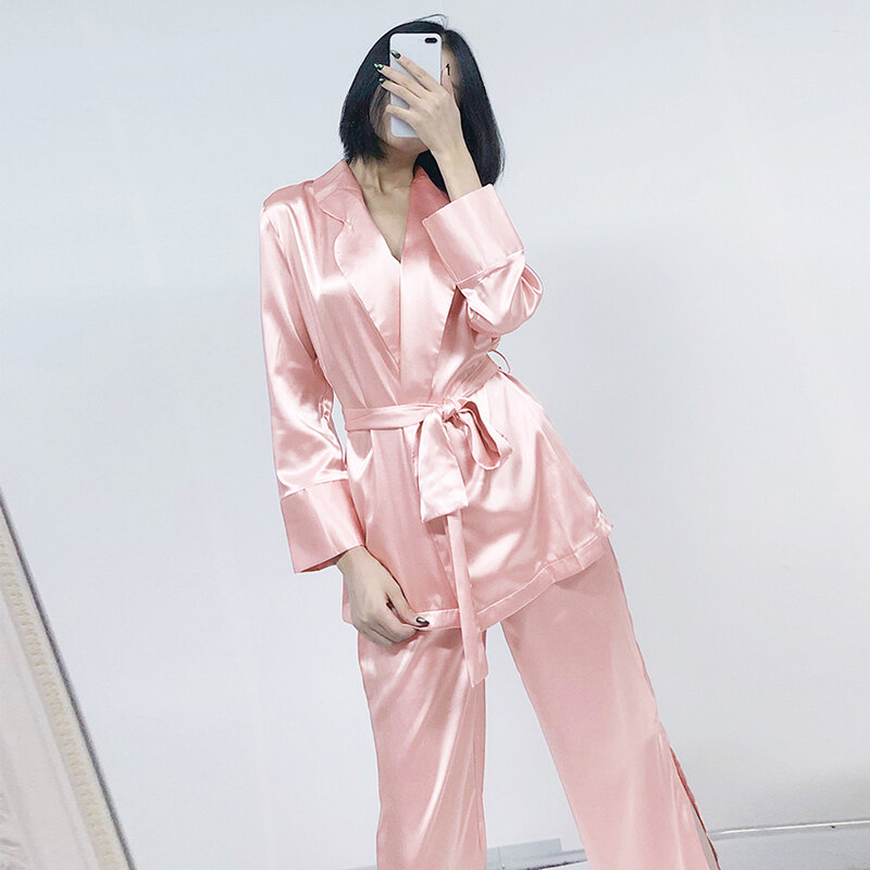 Hiloc rosa cetim pijamas definir conjuntos de robe feminino sleepwear seda casa terno faixas três quartos manga robes solto dividir calças 2022