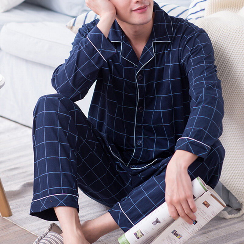 Мужские пижамные комплекты, простая одежда для сна, хлопковый топ с длинным рукавом и брюки, одежда для отдыха, мягкая осенне-зимняя одежда для дома