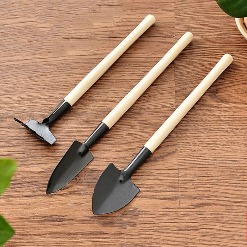 Mini herramientas de jardinería para el hogar, pala de acero inoxidable con mango de madera para plantas en macetas, rastrillo, pala para flores y plantas en macetas, 3 unids/set por juego