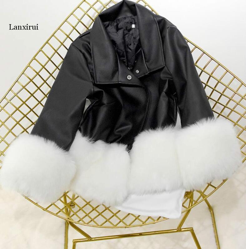 3XL! Pu 가죽 패치 워크 여우털 숏 코트 여성용, 두꺼운, 따뜻한, 가을 겨울