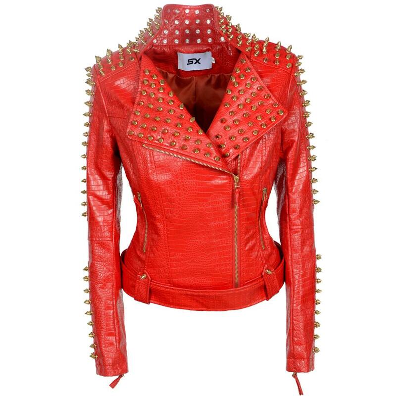 Nova moda feminina punk cravejado perfeitamente cinto casaco fino ajuste moldar plutônio falso couro motociclista jaqueta rebite windbreak outerwear