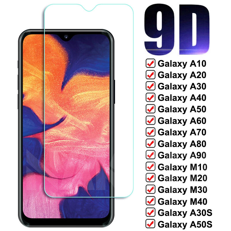 9D เต็มรูปแบบกระจกนิรภัยสำหรับ Samsung Galaxy A10 A20 A30 A40 A50 A60 A70ป้องกันหน้าจอ A80 A90 M10 m20 M30 M40 Glas กรณีฟิล์ม