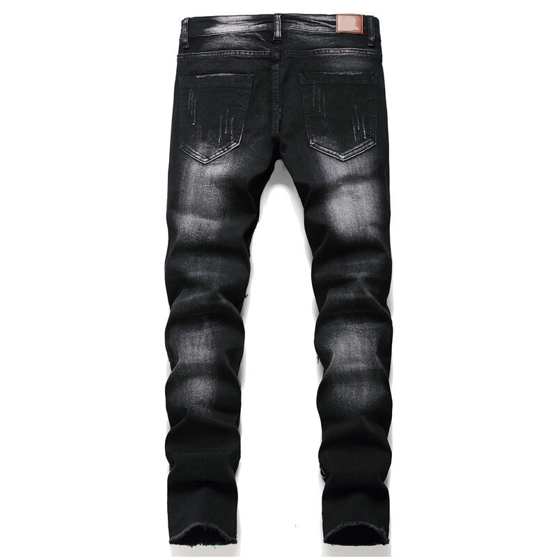 ผู้ชายกางเกงStreetwearกางเกงแฟชั่นกางเกงยีนส์SkullสีดำDenim BikerคุณภาพสูงชายCasual Designer Rippedสบาย