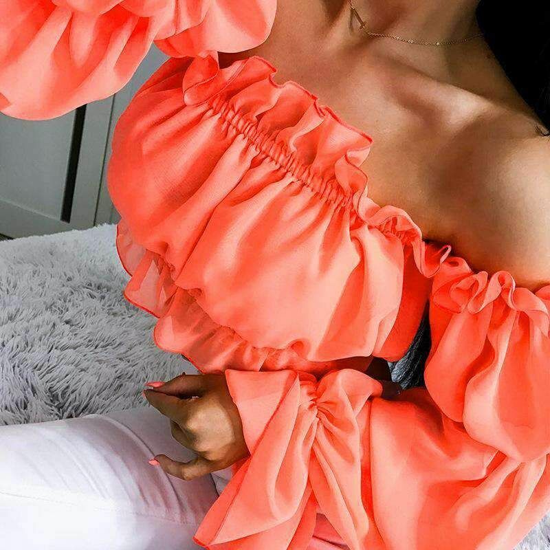Sexy Womens Chiffon Long Puff Sleeve Off Shoulder Crop Tops Blouses Loose Casual Blouse Lady New Fashion Hot Sale Shirt Top