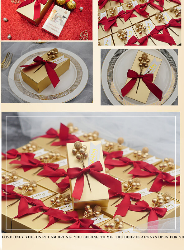 Caixas douradas retangular para presentes, 50 peças, lembranças de casamento, caixas de ouro