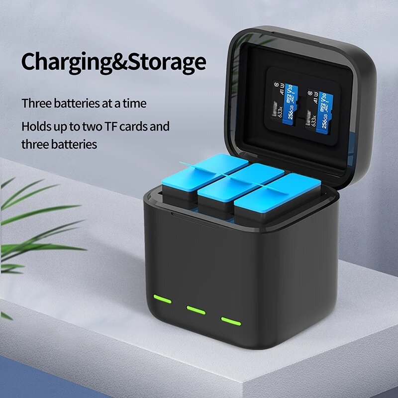 TELESIN-cargador de batería multifunción de 3 vías, caja de carga de almacenamiento con batería para GoPro Hero 12, 11, 10, 9, accesorio para Cámara de Acción