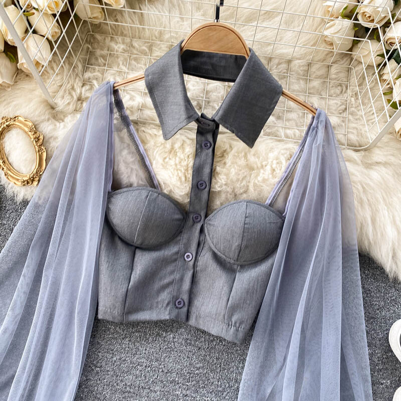 Frauen Mesh Sheer Bluse Sehen-durch Langarm Crop Top einreiher Hemd Bluse Mode Backless Sexy Hemd weibliche