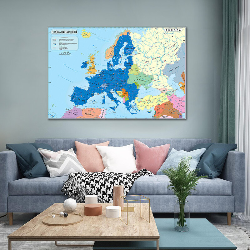 Mapa de Europa de 150x100cm, papel tapiz de lona no tejida, arte de pared, póster grande, suministros escolares para decoración del hogar