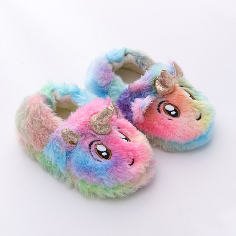 Zapatillas de invierno de unicornio para niños y niñas, chanclas de piel, zapatos de interior de algodón, pantuflas cálidas y esponjosas para casa