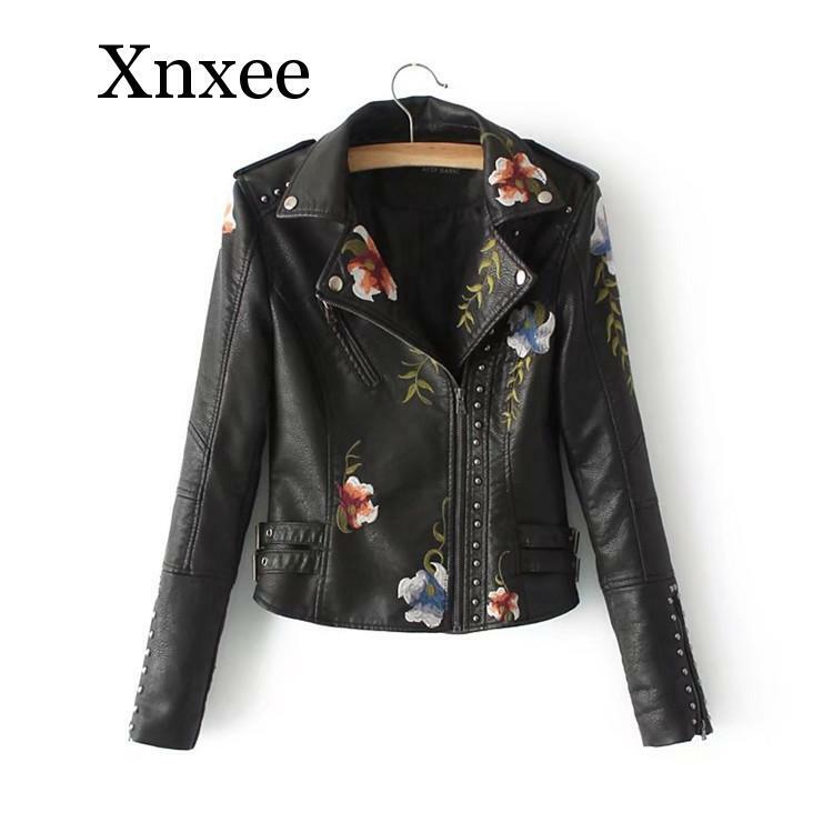 Jaqueta bordada de couro sintético pu, feminina primavera outono fashion jaqueta de motocicleta, casaco preto de couro sintético, casaco de uso externo quente