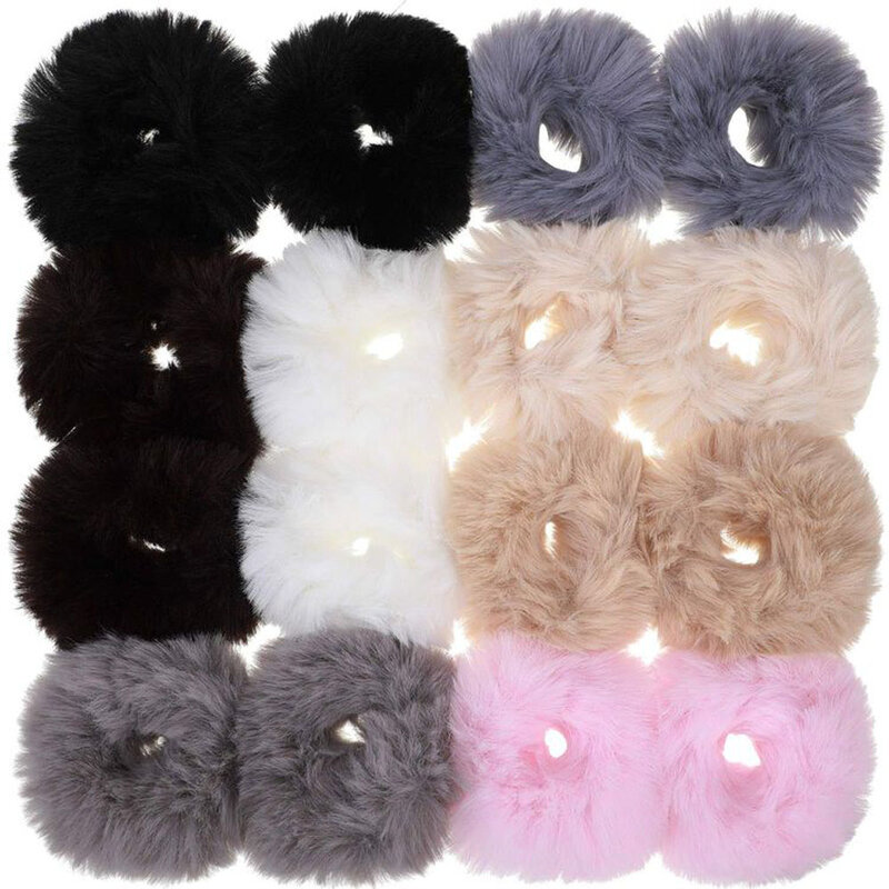 Pack of 2 Fluffy Faux Fur Furry Scrunchies Soft Hand Made Fur Elastic Hair Bands Ring for Ladies Hair Ties