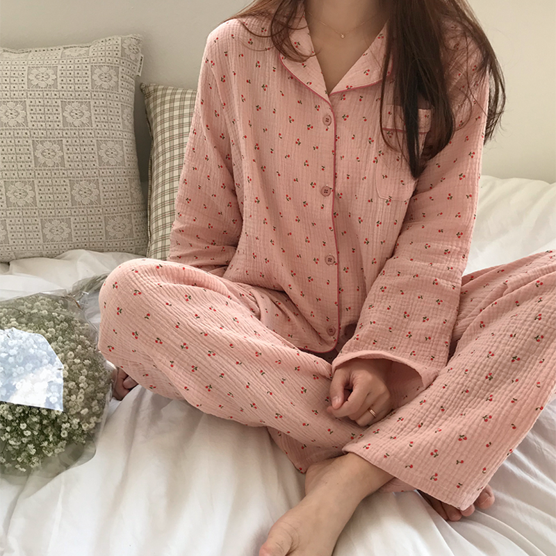 Conjunto de roupa de dormir de linho e algodão pijama fofo estampa de cereja pijama vintage kawaii com bolso entalhado camisa + botão calças