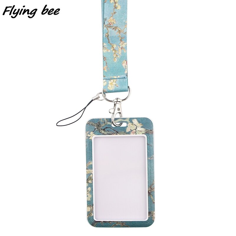 Flyingbee-Flower Painting Art Chaveiro, Lanyard Card Holder, ID Card Holder, Staff Card, X1293, Bonito