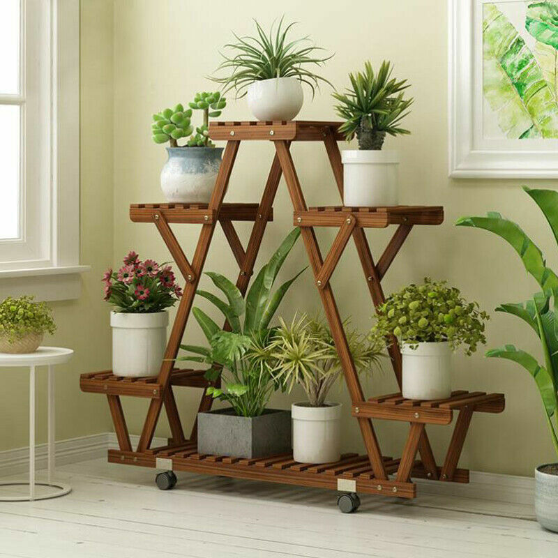 Étagère triangulaire pour plantes en bois satisfaite, porte-plante, support de pot de fleur, présentoir de rangement T1 avec roues pour jardin, 6 pots